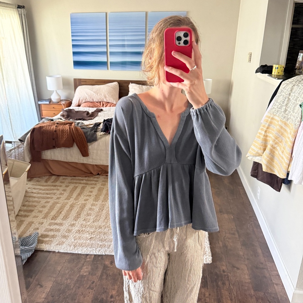 Lucky Brand Slate Gray Peasant Peplum Top